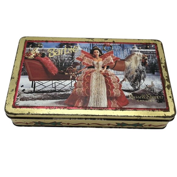Vintage 1997 Russell Stover Mattel Holiday Barbie Metal Hinged Storage Tin Used - Picture 1 of 6
